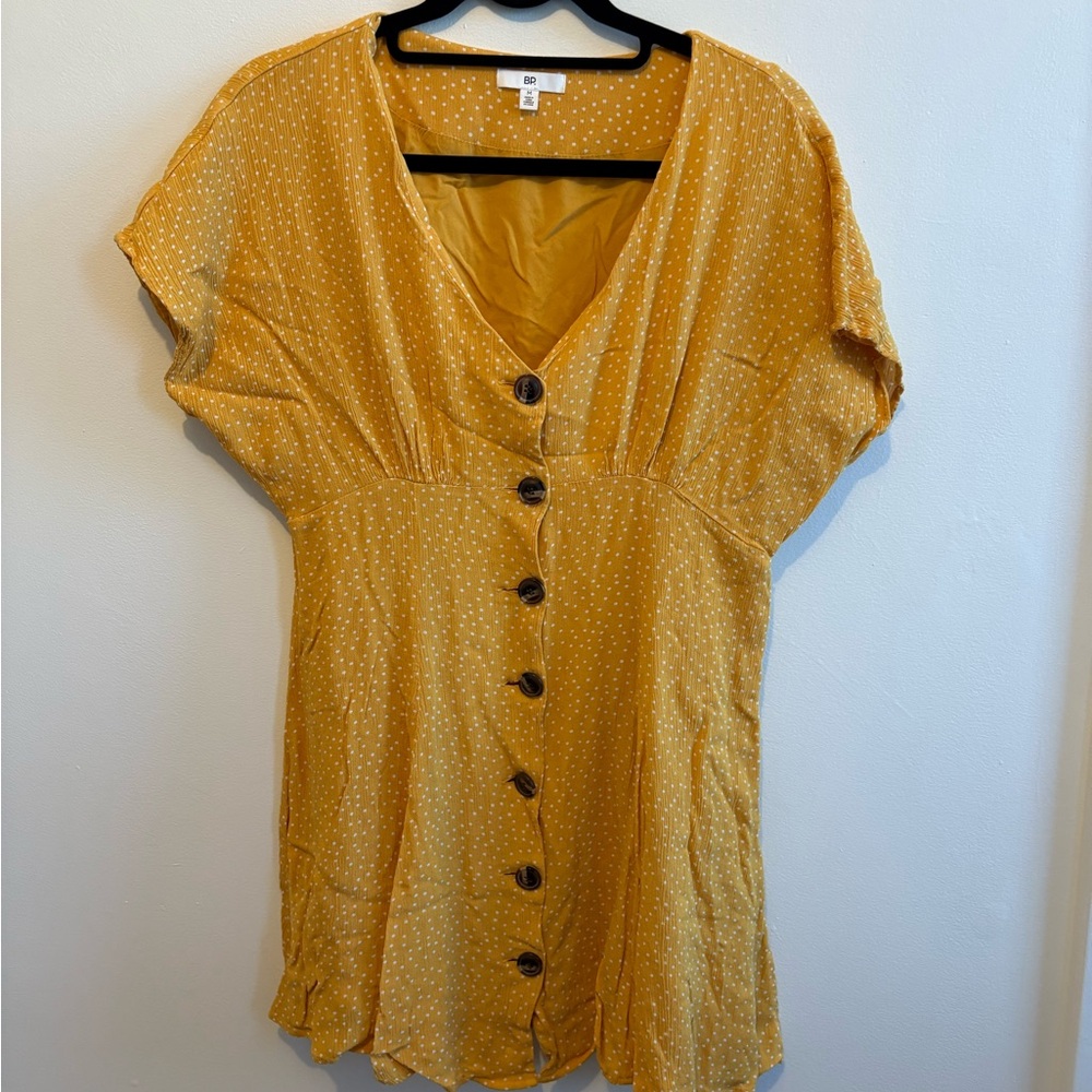 BP Mustard Polka Dot Button-Down Midi Dress